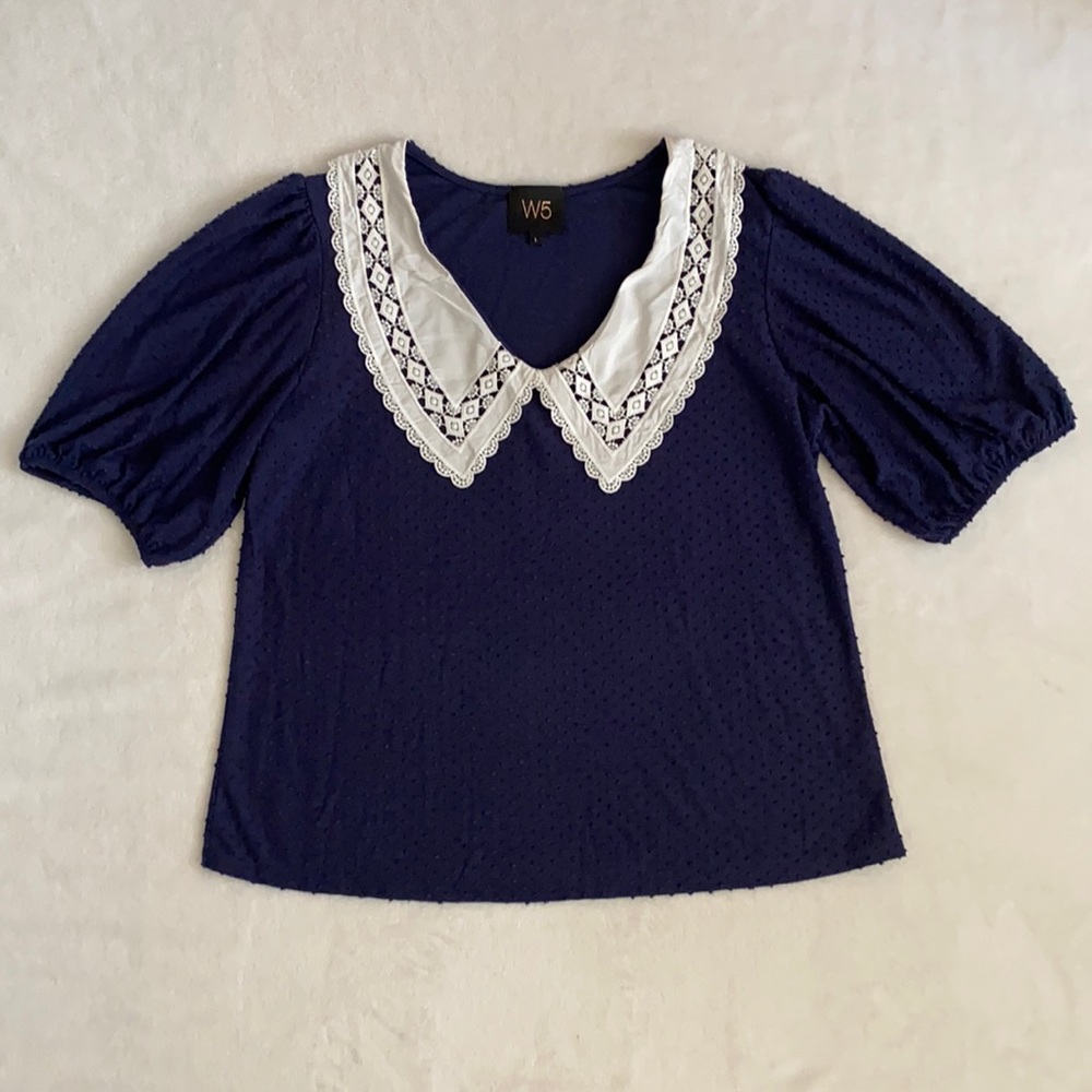 {Anthro} W5 | Scallop Bib Collar Swiss Dot Short Sleeve Feminine Blouse Top (L)